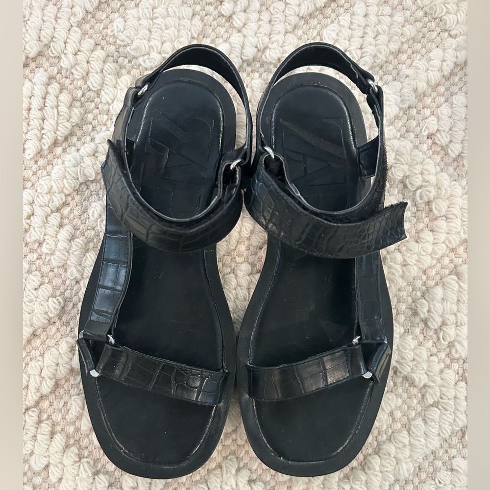 Zara Black Crocodile Leather Dad Sandals